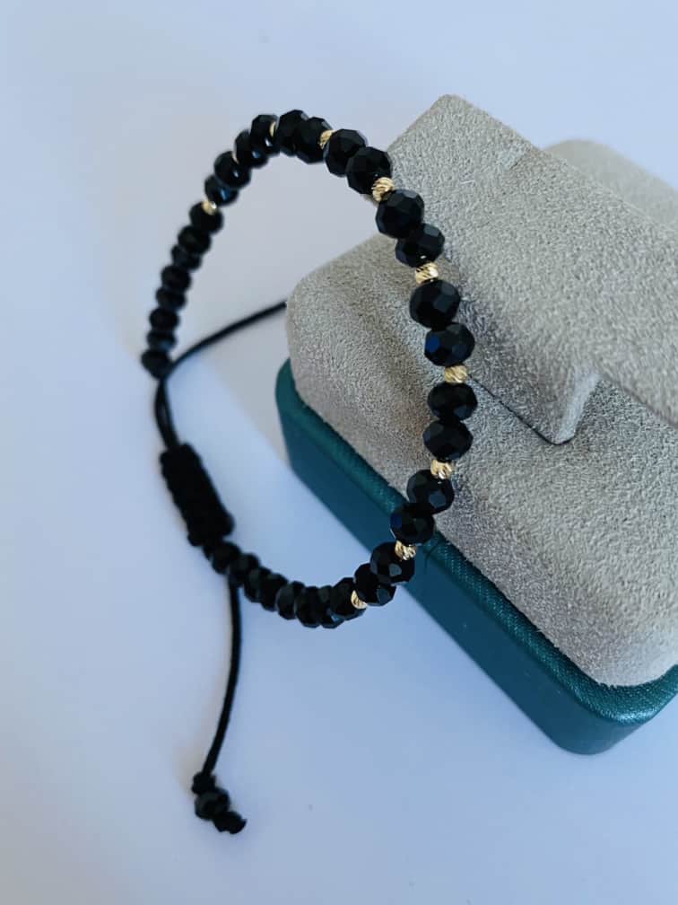 14k Gold black string bracelet with black beads JAY12