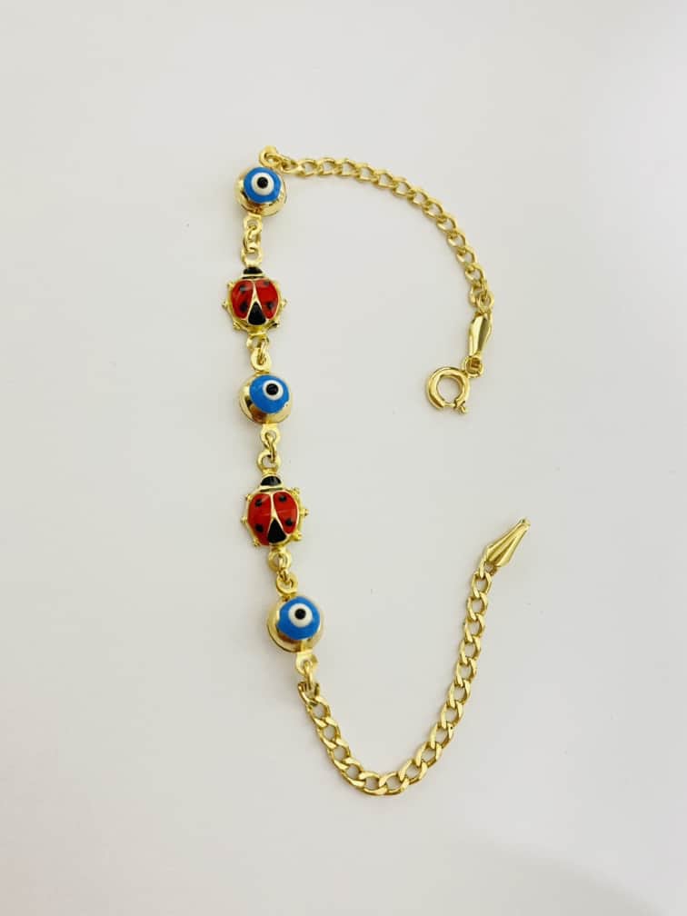 14k gold kids two ladybird and 3 blue evil eye bracelet Ianu29