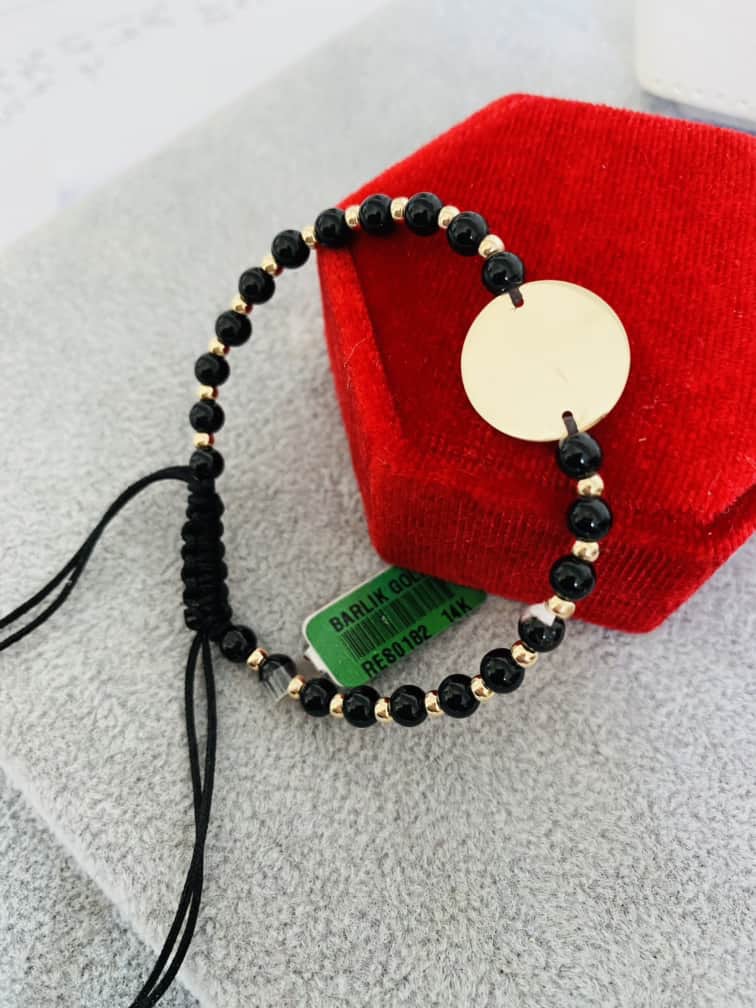 14k Gold black string bracelet with middle medium round engraving part and beads JAY8A