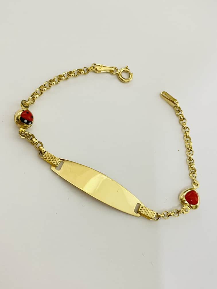 14k gold kids bracelet with red heart and round ladybird Ianu17