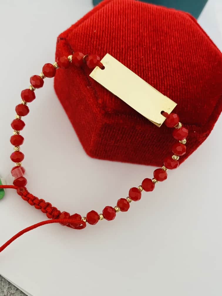 14k Gold RED string bracelet with middle medium-large long engraving part and beads JAY9