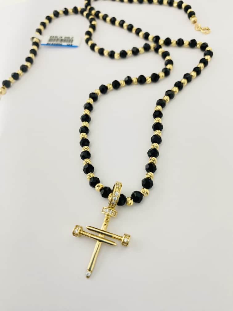 14k gold chain black and gold beads with cross CWGB10A