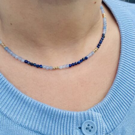 Necklaces 3mm faceted Lapis Lazuli  and 3mm Aquamarine natural stone , 2.5mm 14k gold beads 39cm
