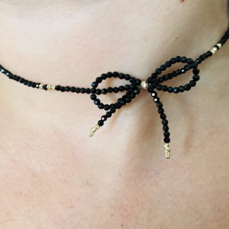 Black Spinel 2mm beads bow necklace and 14k gold beads 35cm
