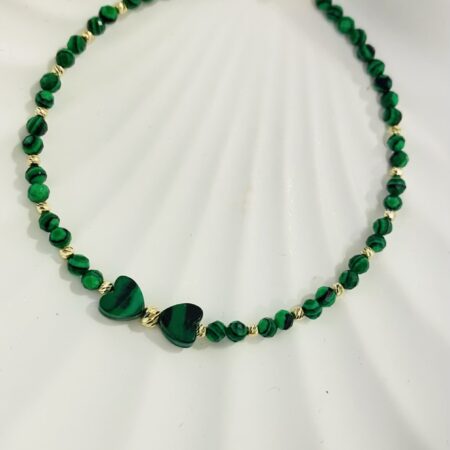 14k gold 2mm  beads  and one 3mm and natural 3mmmalachite natural stone and malachite hearts 19.5cm