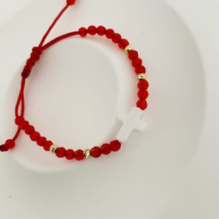 14k gold 2.5mm beads and red 3mm beads kids size and white shell cross