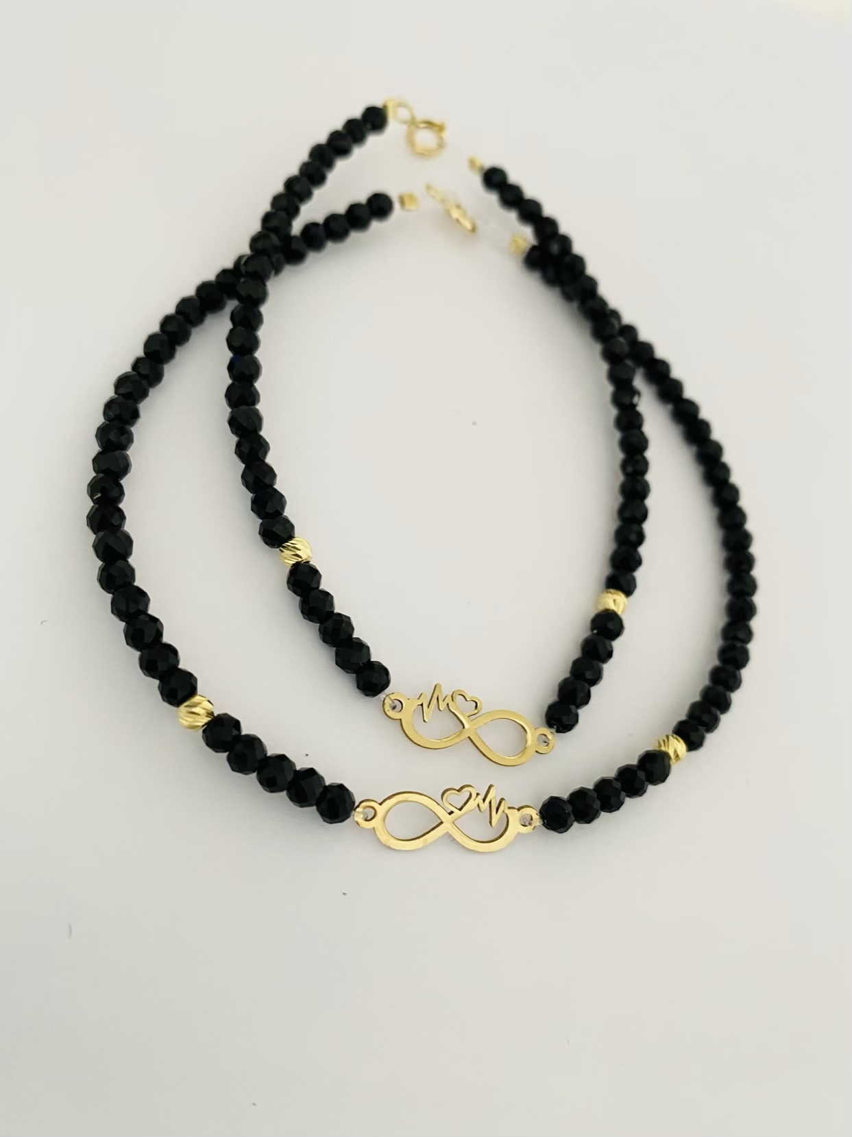 14k gold beads 3mm and infinity and black beads HM12