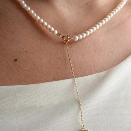 14k gold long diamanté shape and 3mm beads with 3mn freshwater pearls 40cm