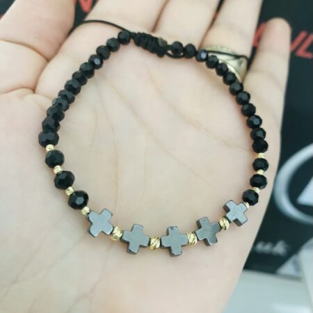 14k gold beads 2mm and 3mm and hematite crosses and crystal black beads