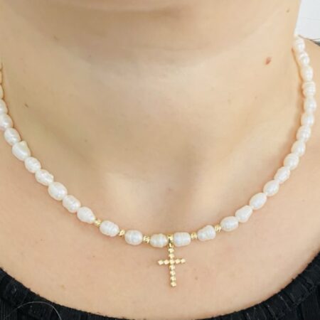 New 14k gold beads 3mm  and 15mm cross and freshwater culture Perls 6mm 40cm