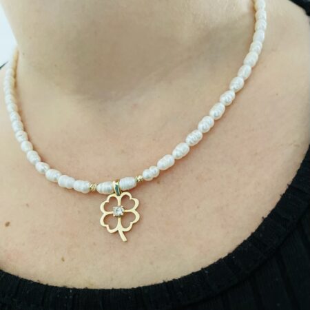 New 14k gold beads 3mm and 15mm clover and freshwater culture Perls 6mm 42cm