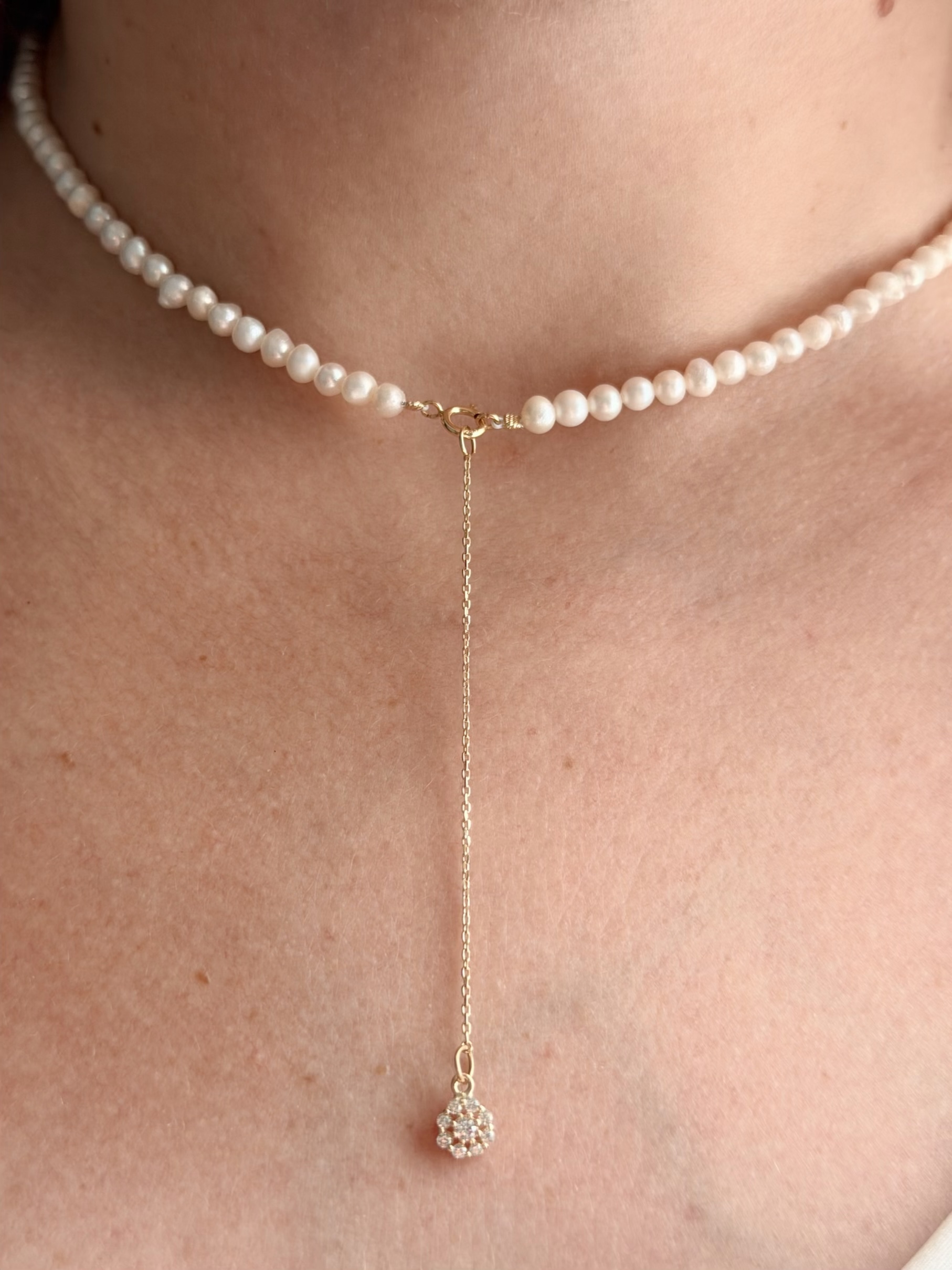 14k gold long pendant with 3mm freshwater perls FWP-0J - Image 2