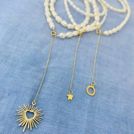 14k gold long pendant and freshwater pearls