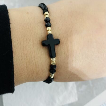 14k gold 3mm beads with crystal black beads and cross