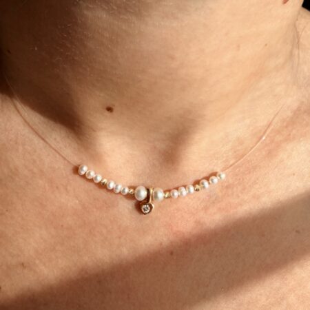 14k gold heart  with 2.5mm beads and white freshwater  3mm