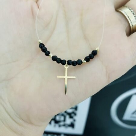 14k gold cross with 2.5mm beads and black 3mm spinel