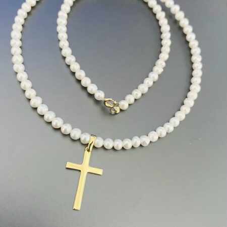 New 14k gold cross   and freshwater culture Perls 3mm CS1 40cm