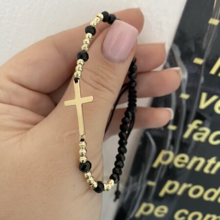14k gold cross 20mm cross and 3mm gold beads with 4mm black beads