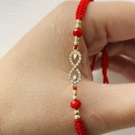 Red string and 14k gold infinity pendant with 2.5mm gold beads