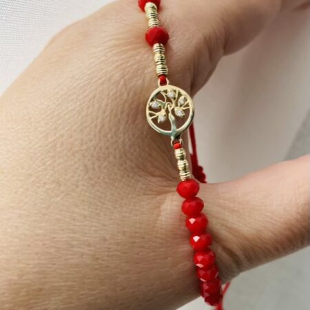 Red string and 14k gold tree pendant with 2.5mm gold beads