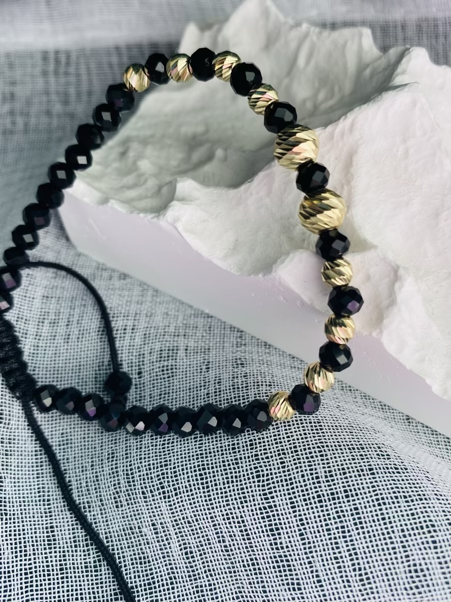 fine style 14k gold black large 4mm and 6mm and , black 4mm with string bracelet NC-2-G15LP7Y