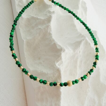14k gold 2mm and middle 3mm beads and 2mm malachite beads HM100E - 17cm