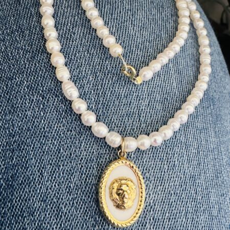 14k gold  oval medusa pendant and 4mm freshwater pearls 40cm
