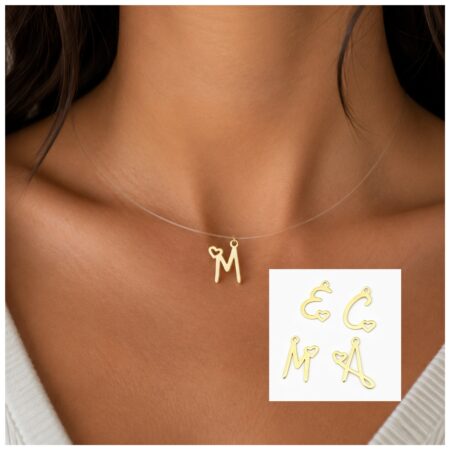 14k gold pendant thin minimalist letter with clear string necklace MNP1