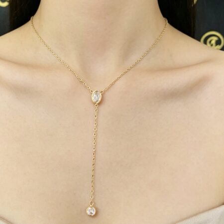 New long 14k gold summer necklace with 2 stone and 6cm long drop LD-5