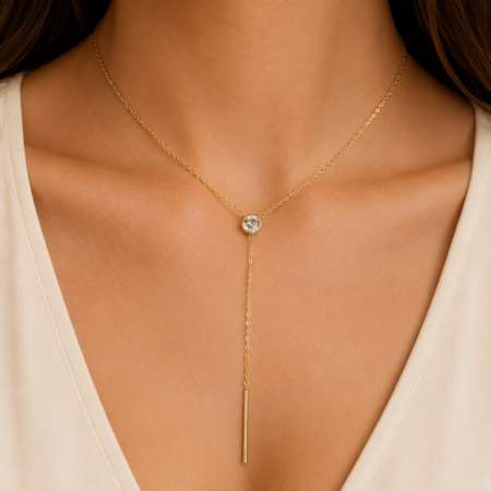 New long 14k gold summer necklace with stone and 6cm long drop LD-2