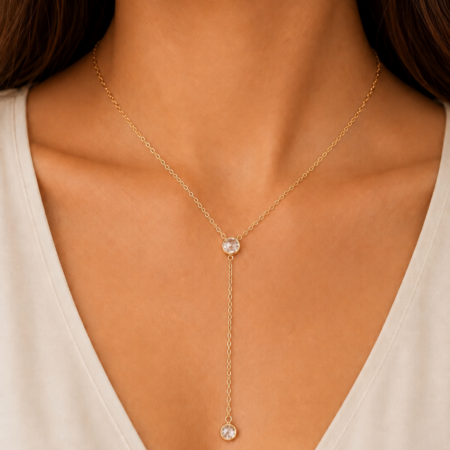 New long 14k gold summer necklace with 2 stone and 6cm long drop LD-1