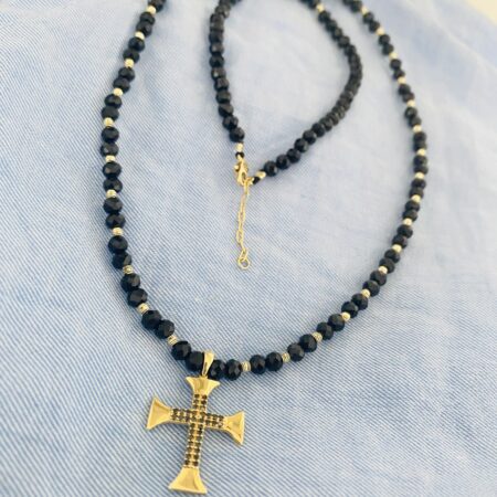 14k gold 2.5mm beads with cross and 4mm black beads 56cm